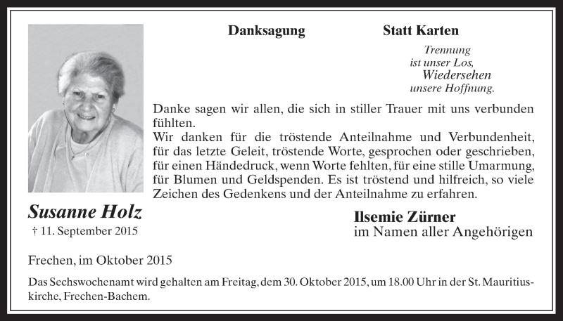  Traueranzeige für Susanne Holz vom 28.10.2015 aus  Wochenende 