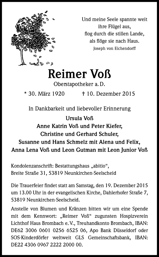  Traueranzeige für Reimer Voß vom 16.12.2015 aus Kölner Stadt-Anzeiger / Kölnische Rundschau / Express