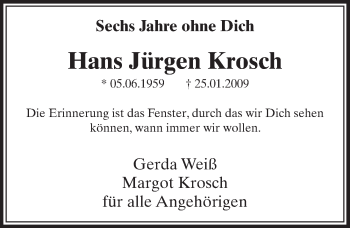 Anzeige von Hans Jürgen Krosch von  Sonntags-Post 