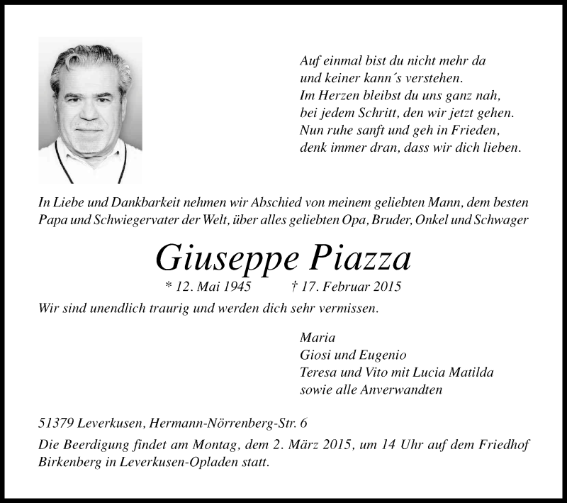  Traueranzeige für Giuseppe Piazza vom 26.02.2015 aus Kölner Stadt-Anzeiger / Kölnische Rundschau / Express