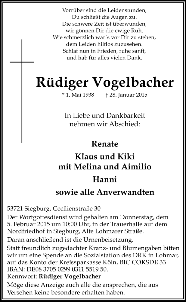  Traueranzeige für Rüdiger Vogelbacher vom 31.01.2015 aus Kölner Stadt-Anzeiger / Kölnische Rundschau / Express