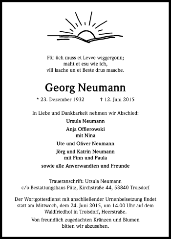 Anzeige von Georg Neumann von Kölner Stadt-Anzeiger / Kölnische Rundschau / Express