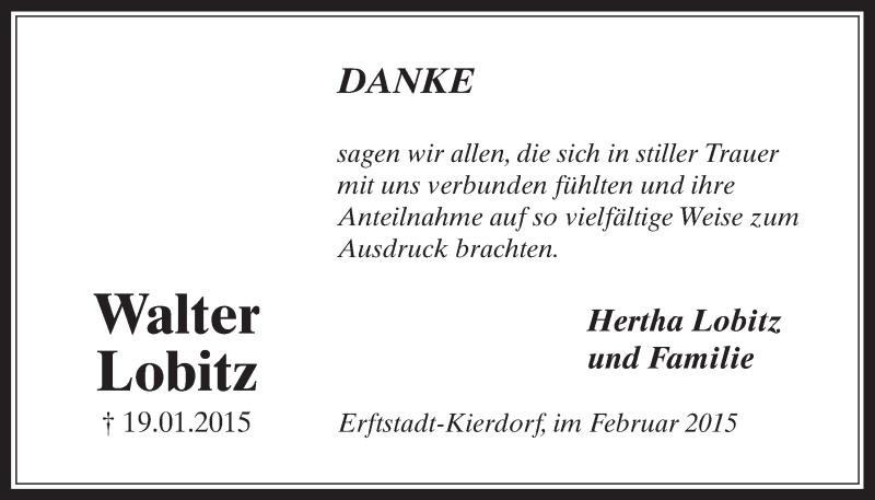 Traueranzeige für Walter Lobitz vom 04.03.2015 aus  Werbepost 