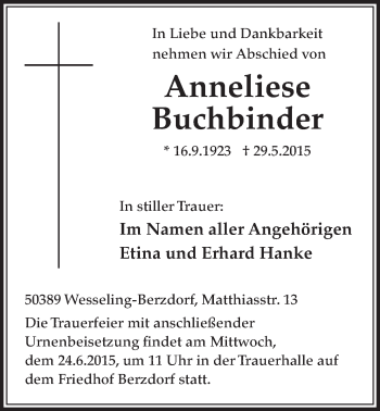 Anzeige von Anneliese Buchbinder von  Schlossbote/Werbekurier 