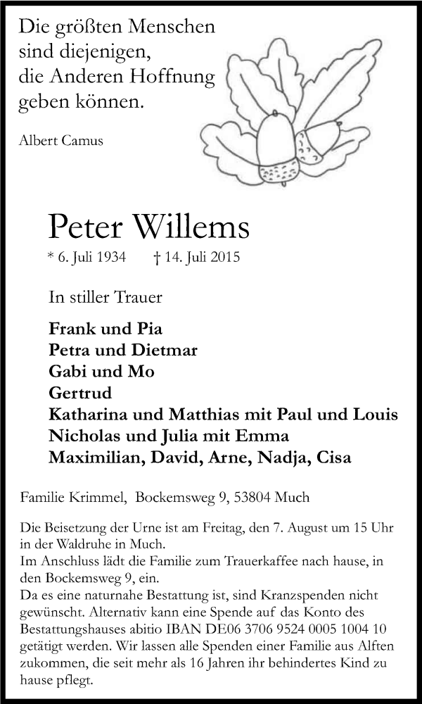  Traueranzeige für Peter Willems vom 25.07.2015 aus Kölner Stadt-Anzeiger / Kölnische Rundschau / Express