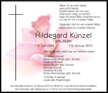 Anzeige von Hildegard Künzel von Kölner Stadt-Anzeiger / Kölnische Rundschau / Express