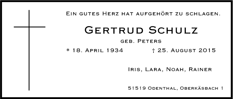  Traueranzeige für Gertrud Schulz vom 29.08.2015 aus Kölner Stadt-Anzeiger / Kölnische Rundschau / Express