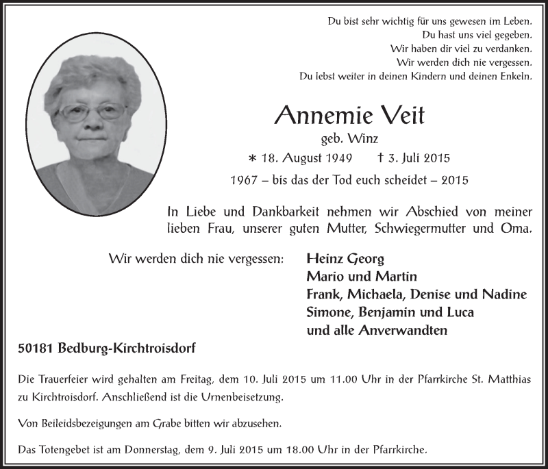  Traueranzeige für Annemie Veit vom 08.07.2015 aus  Werbepost 