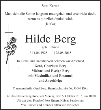 Anzeige von Hilde Berg von  Kölner Wochenspiegel 
