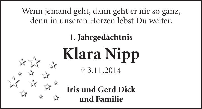  Traueranzeige für Klara Nipp vom 04.11.2015 aus  Schlossbote/Werbekurier 