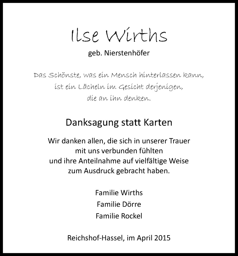  Traueranzeige für Ilse Wirths vom 25.04.2015 aus Kölner Stadt-Anzeiger / Kölnische Rundschau / Express
