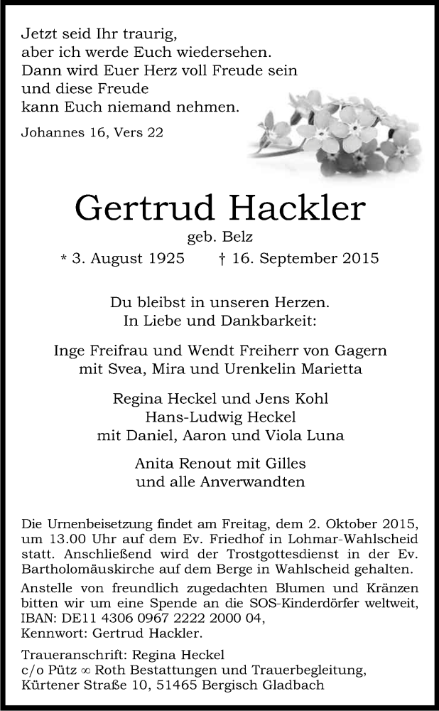  Traueranzeige für Gertrud Hackler vom 26.09.2015 aus Kölner Stadt-Anzeiger / Kölnische Rundschau / Express