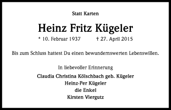 Anzeige von Heinz Fritz Kügeler von Kölner Stadt-Anzeiger / Kölnische Rundschau / Express