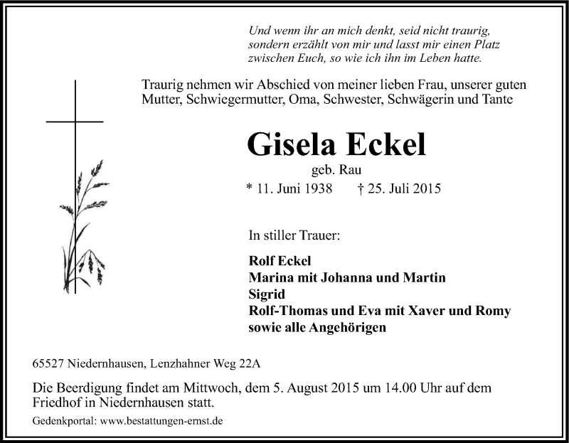  Traueranzeige für Gisela Eckel vom 28.07.2015 aus Kölner Stadt-Anzeiger / Kölnische Rundschau / Express
