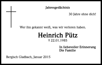 Anzeige von Heinrich Pütz von Kölner Stadt-Anzeiger / Kölnische Rundschau / Express