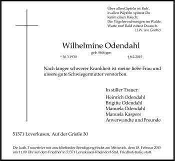 Anzeige von Wilhelmine Odendahl von Kölner Stadt-Anzeiger / Kölnische Rundschau / Express