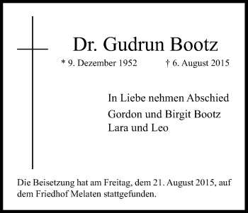 Anzeige von Gudrun Bootz von Kölner Stadt-Anzeiger / Kölnische Rundschau / Express