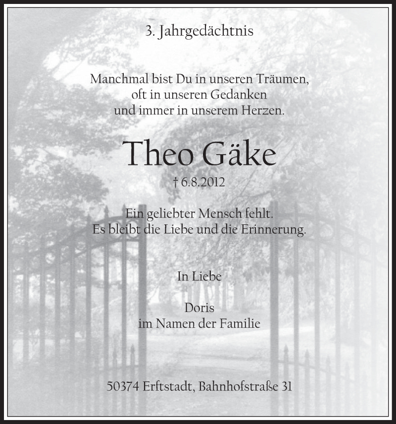  Traueranzeige für Theo  Gäke vom 05.08.2015 aus  Werbepost 