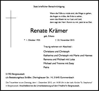 Anzeige von Renate Krämer von Kölner Stadt-Anzeiger / Kölnische Rundschau / Express
