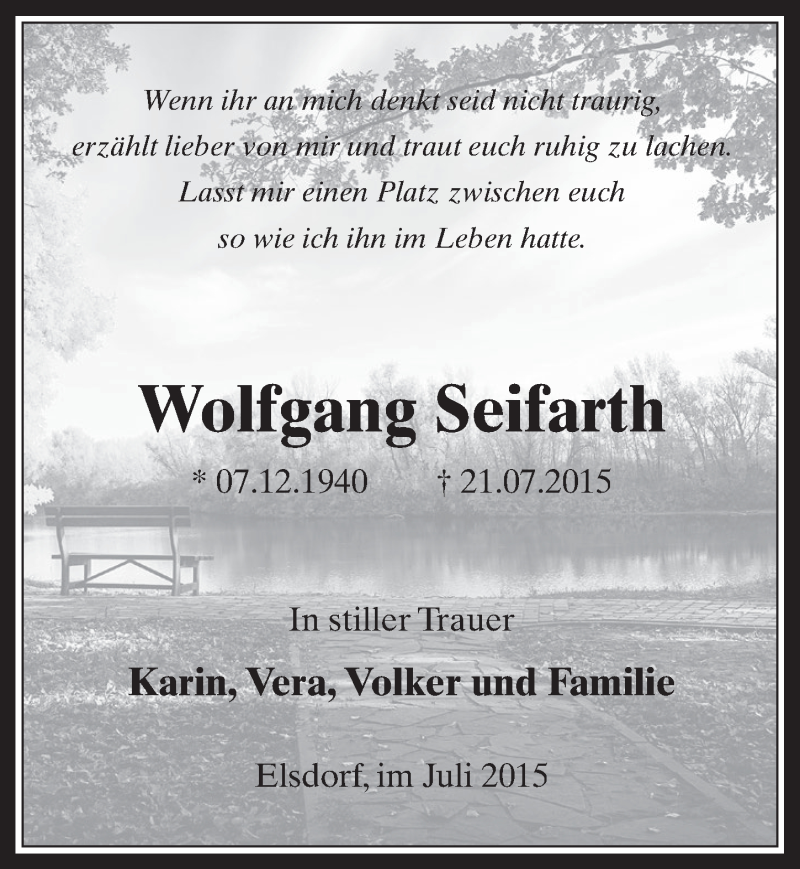  Traueranzeige für Wolfgang Seifarth vom 29.07.2015 aus  Werbepost 
