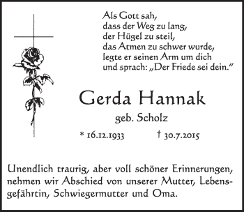Anzeige von Gerda Hannak von  Wochenende 
