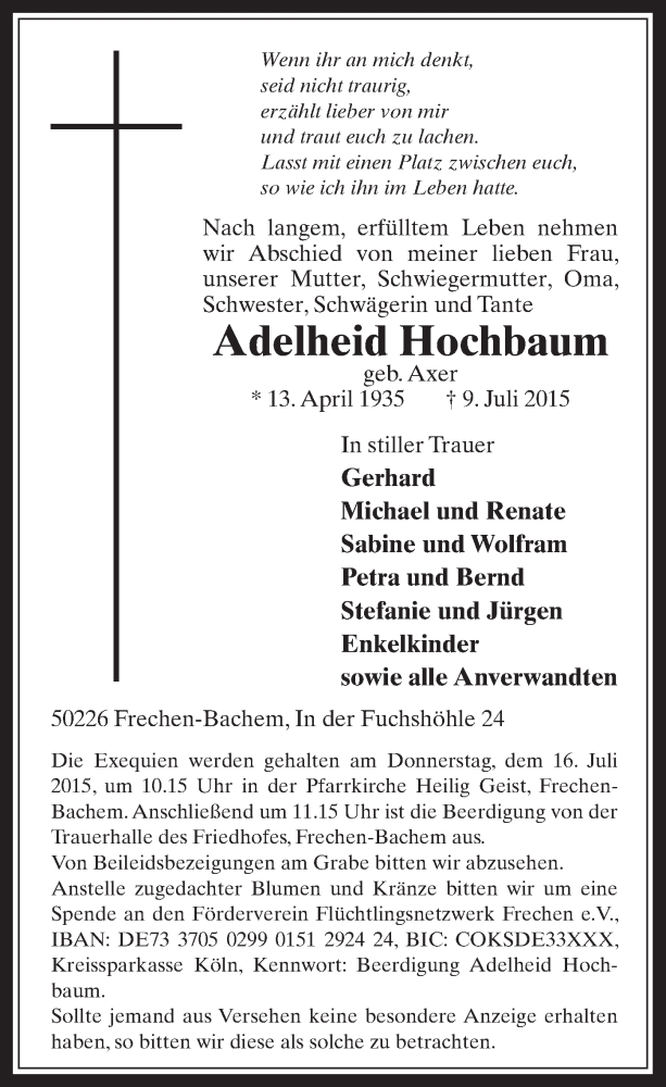  Traueranzeige für Adelheid Hochbaum vom 15.07.2015 aus  Wochenende 