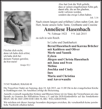 Anzeige von Anneliese Hasenbach von  Lokalanzeiger 
