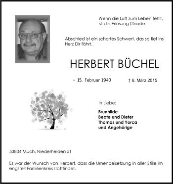 Anzeige von Herbert Büchel von Kölner Stadt-Anzeiger / Kölnische Rundschau / Express