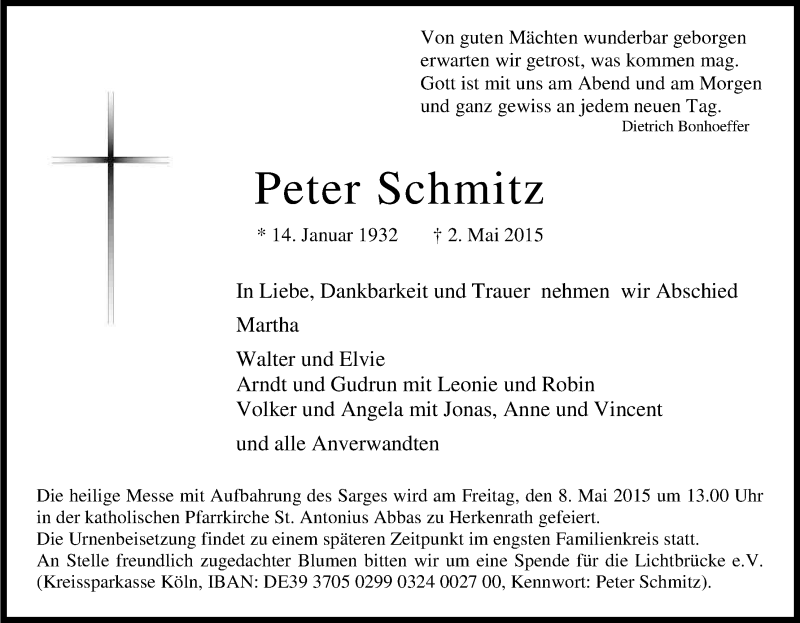  Traueranzeige für Peter Schmitz vom 05.05.2015 aus Kölner Stadt-Anzeiger / Kölnische Rundschau / Express