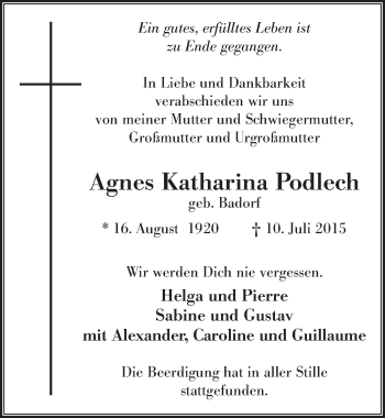 Anzeige von Agnes Katharina Podlech von  Extra Blatt 