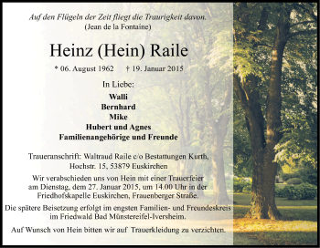 Anzeige von Heinz  Raile von Kölner Stadt-Anzeiger / Kölnische Rundschau / Express