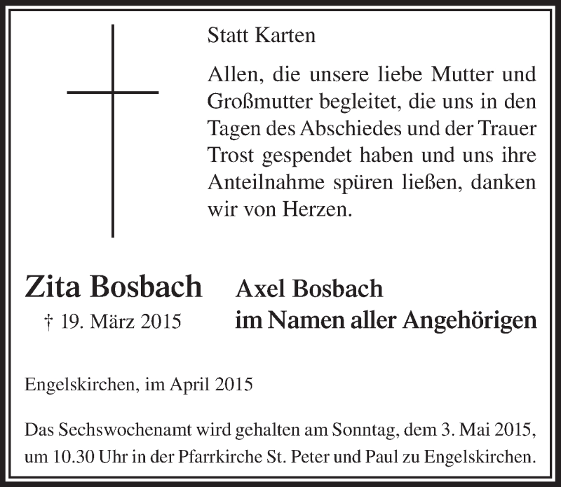  Traueranzeige für Zita Bosbach vom 29.04.2015 aus  Anzeigen Echo 