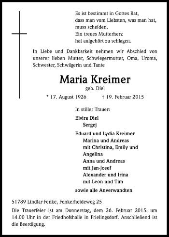 Anzeige von Maria Kreimer von Kölner Stadt-Anzeiger / Kölnische Rundschau / Express