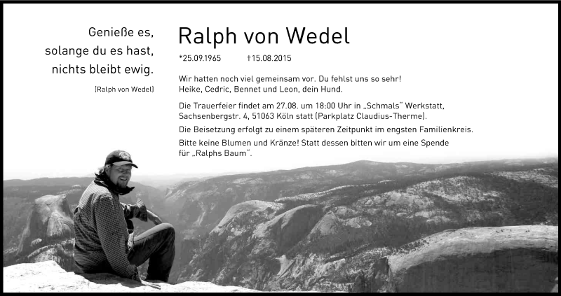  Traueranzeige für Ralph  von Wedel vom 22.08.2015 aus Kölner Stadt-Anzeiger / Kölnische Rundschau / Express