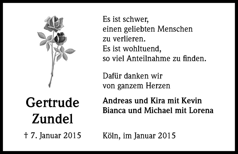  Traueranzeige für Gertrude Zundel vom 24.01.2015 aus Kölner Stadt-Anzeiger / Kölnische Rundschau / Express
