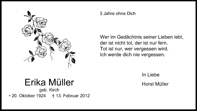  Traueranzeige für Erika Müller vom 13.02.2015 aus Kölner Stadt-Anzeiger / Kölnische Rundschau / Express