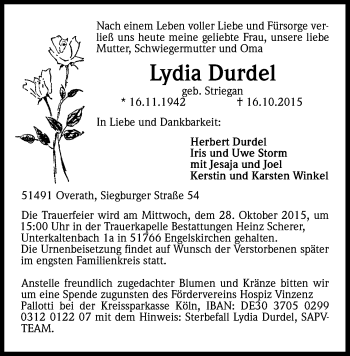 Anzeige von Lydia Durdel von Kölner Stadt-Anzeiger / Kölnische Rundschau / Express