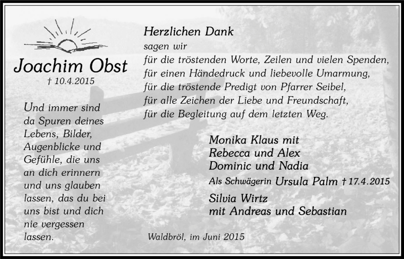  Traueranzeige für Joachim Obst vom 03.06.2015 aus  Lokalanzeiger 