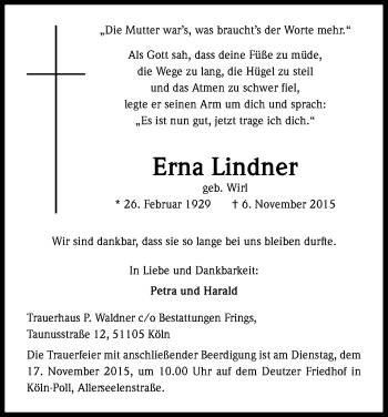 Anzeige von Erna Lindner von Kölner Stadt-Anzeiger / Kölnische Rundschau / Express