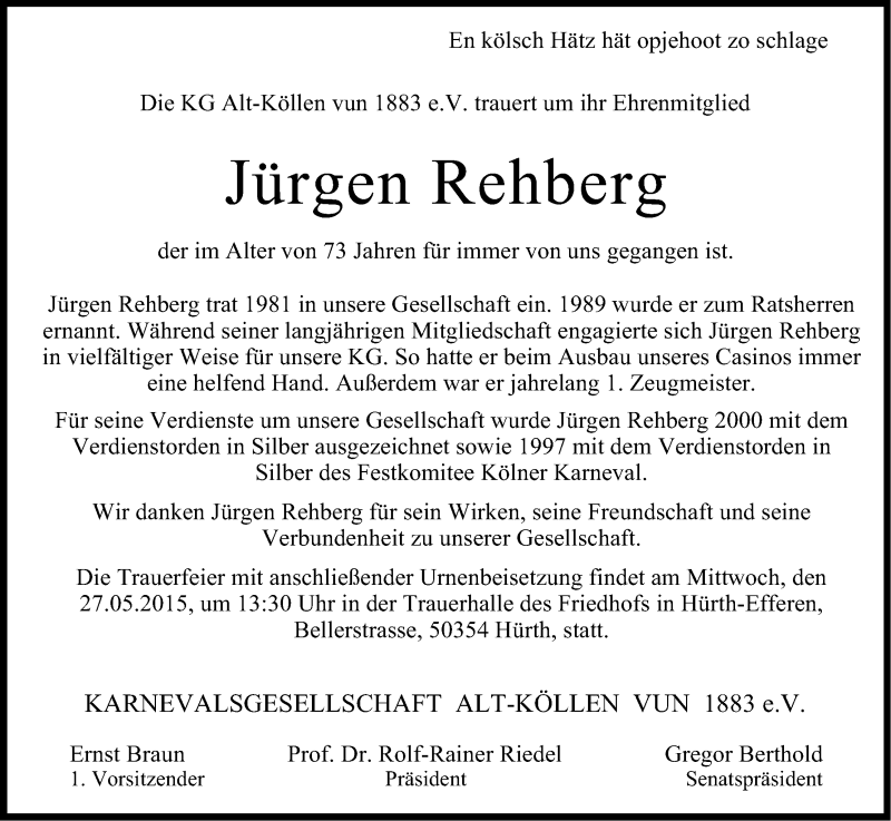  Traueranzeige für Jürgen Rehberg vom 22.05.2015 aus Kölner Stadt-Anzeiger / Kölnische Rundschau / Express