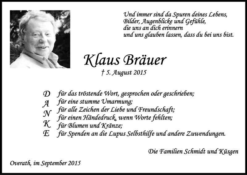  Traueranzeige für Klaus Bräuer vom 12.09.2015 aus Kölner Stadt-Anzeiger / Kölnische Rundschau / Express