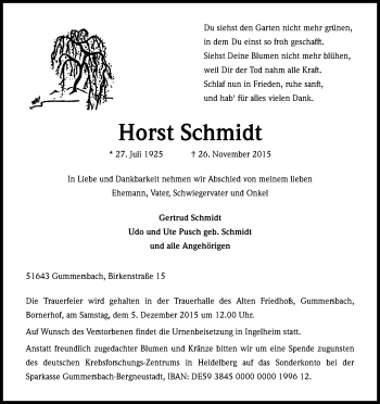 Anzeige von Horst Schmidt von Kölner Stadt-Anzeiger / Kölnische Rundschau / Express