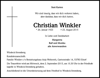 Anzeige von Christan Winkler von Kölner Stadt-Anzeiger / Kölnische Rundschau / Express