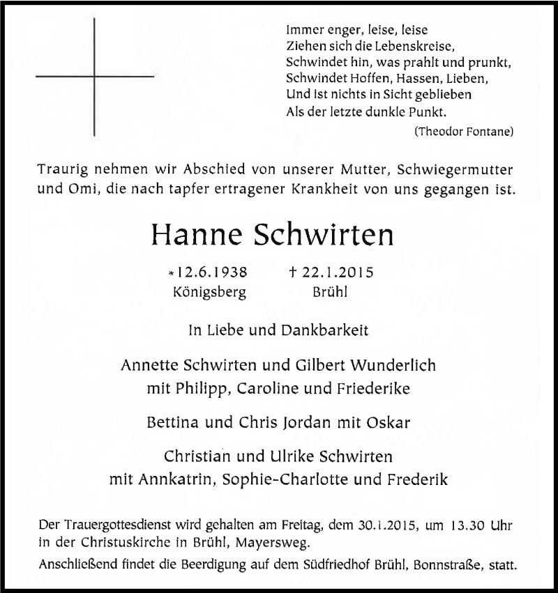  Traueranzeige für Hanne Schwirten vom 24.01.2015 aus Kölner Stadt-Anzeiger / Kölnische Rundschau / Express