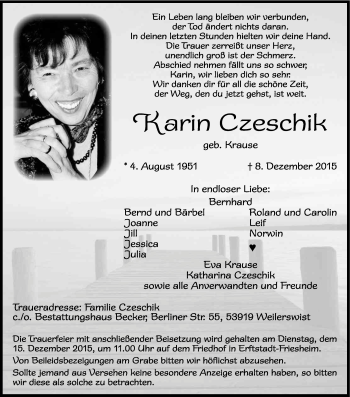 Anzeige von Karin Czeschik von Kölner Stadt-Anzeiger / Kölnische Rundschau / Express