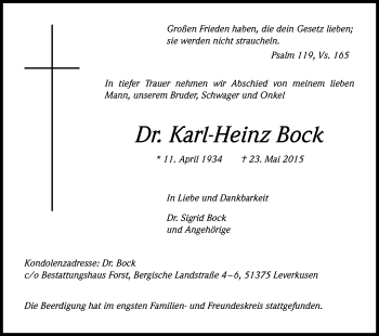 Anzeige von Karl-Heinz Bock von Kölner Stadt-Anzeiger / Kölnische Rundschau / Express