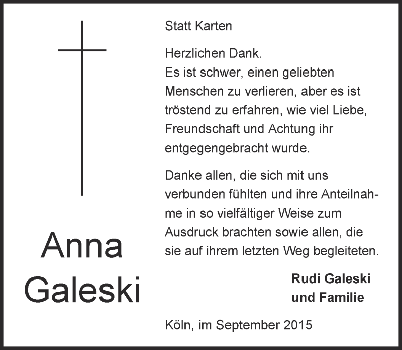  Traueranzeige für Anna Galeski vom 02.09.2015 aus  Kölner Wochenspiegel 