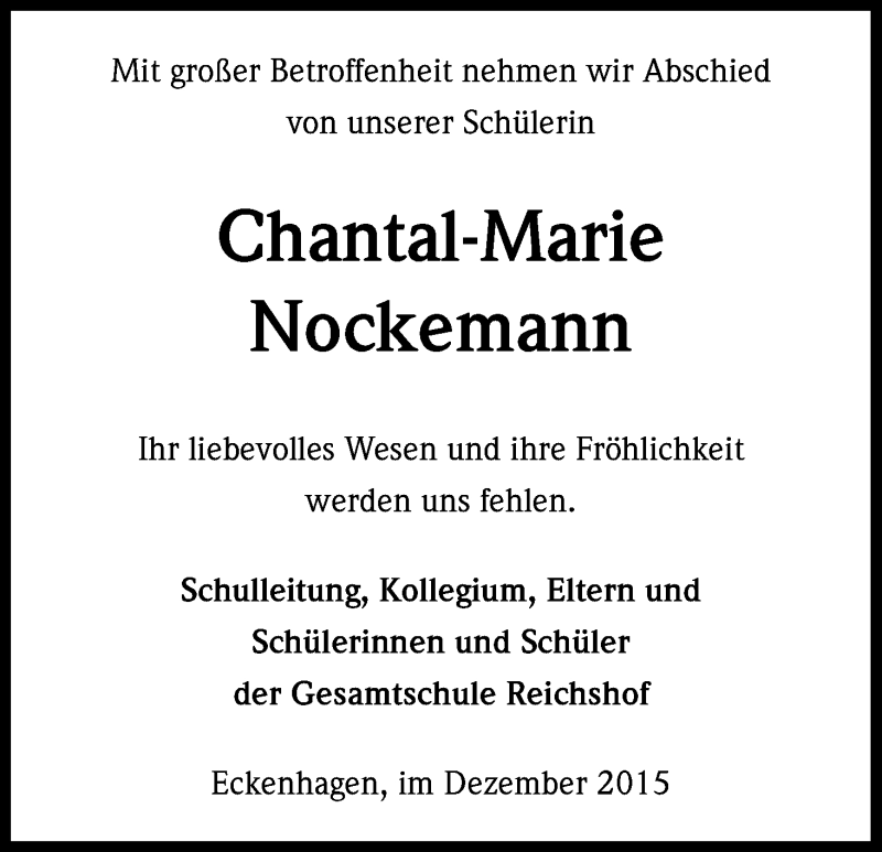  Traueranzeige für Chantal-Marie Nockemann vom 12.12.2015 aus Kölner Stadt-Anzeiger / Kölnische Rundschau / Express