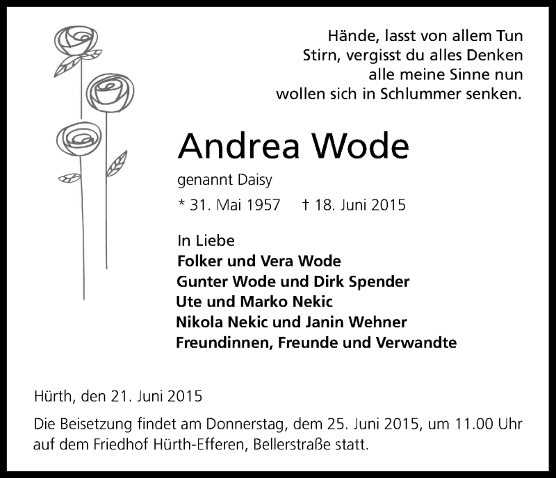  Traueranzeige für Andrea Wode vom 23.06.2015 aus Kölner Stadt-Anzeiger / Kölnische Rundschau / Express