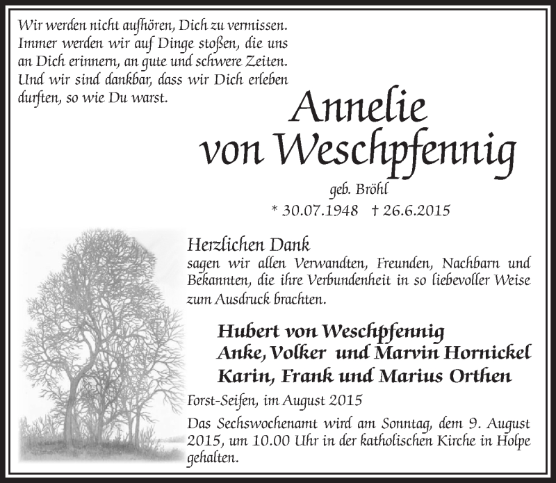  Traueranzeige für Annelie von Weschpfennig vom 05.08.2015 aus  Lokalanzeiger 